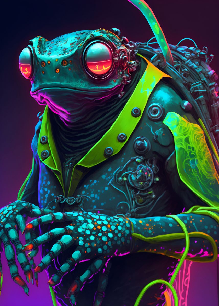 'neon cyber frog' Poster, picture, metal print, paint by sinnois | Displate