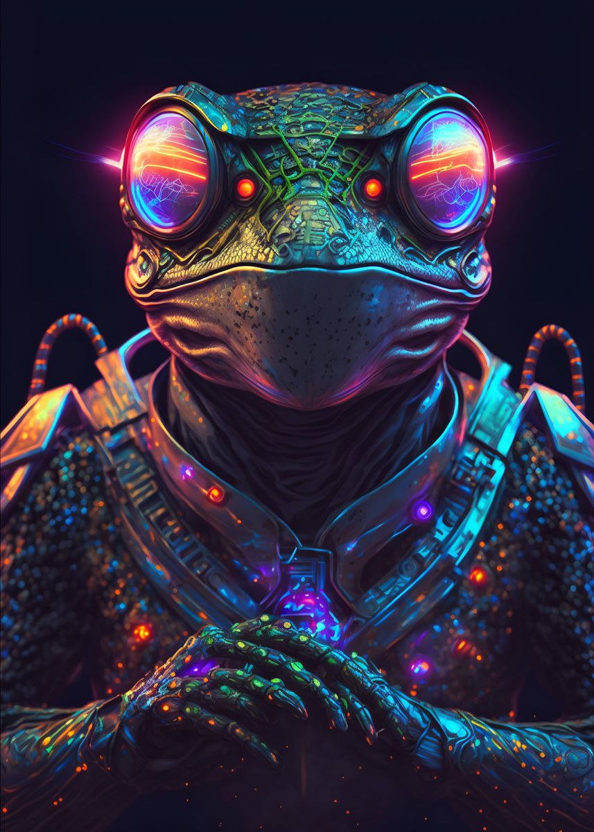 'frog cyber neon' Poster, picture, metal print, paint by sinnois | Displate