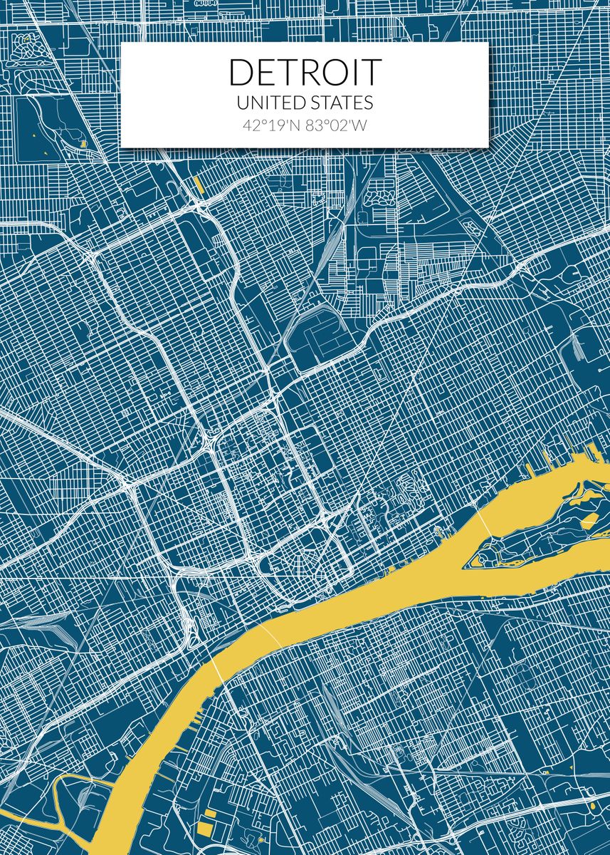 Detroit Map Blue 'Detroit Map Blue Yellow' Poster, picture, metal print, paint by ...