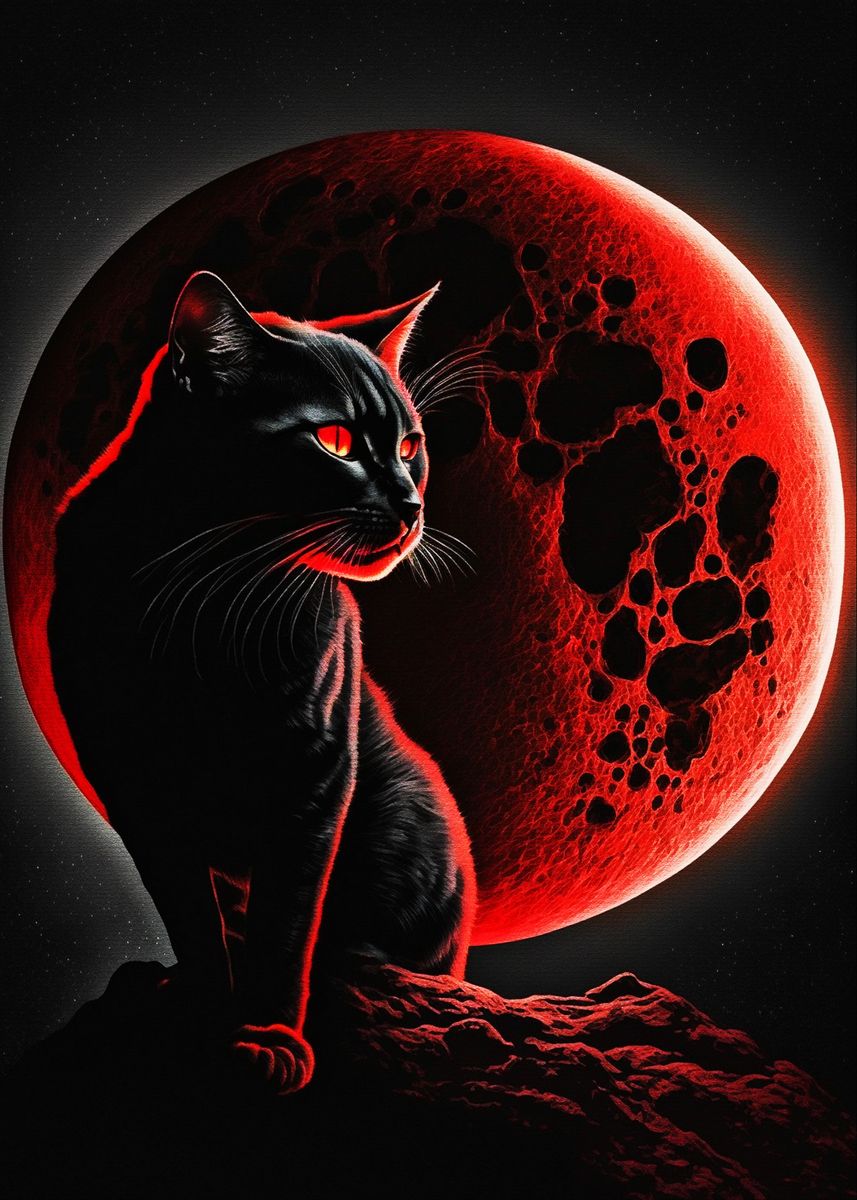 'Cat And Red Moon' Poster, Picture, Metal Print, Paint By Coffee Design