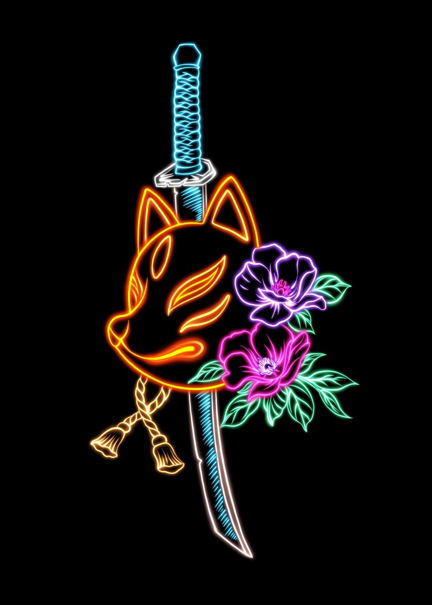 'Neon kitsune mask' Poster, picture, metal print, paint by Faridz