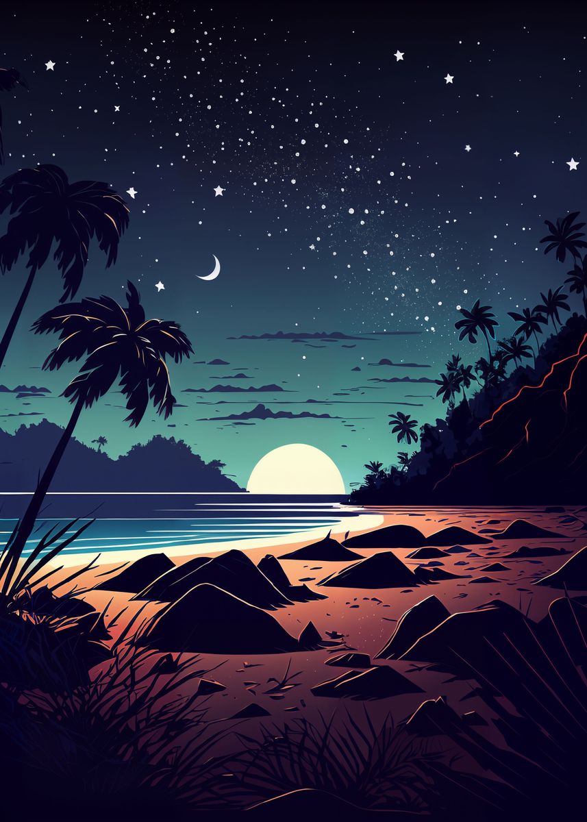 'Night Beach' Poster, picture, metal print, paint by DervlexArt | Displate