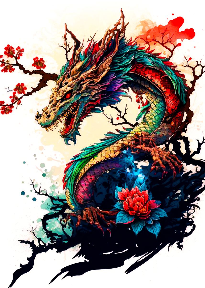 'Japan floral Dragon' Poster, picture, metal print, paint by Tapu Vlad ...