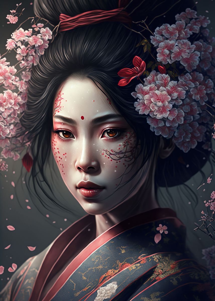 'Geisha With Sakura Flowers' Poster, Picture, Metal Print, Paint By