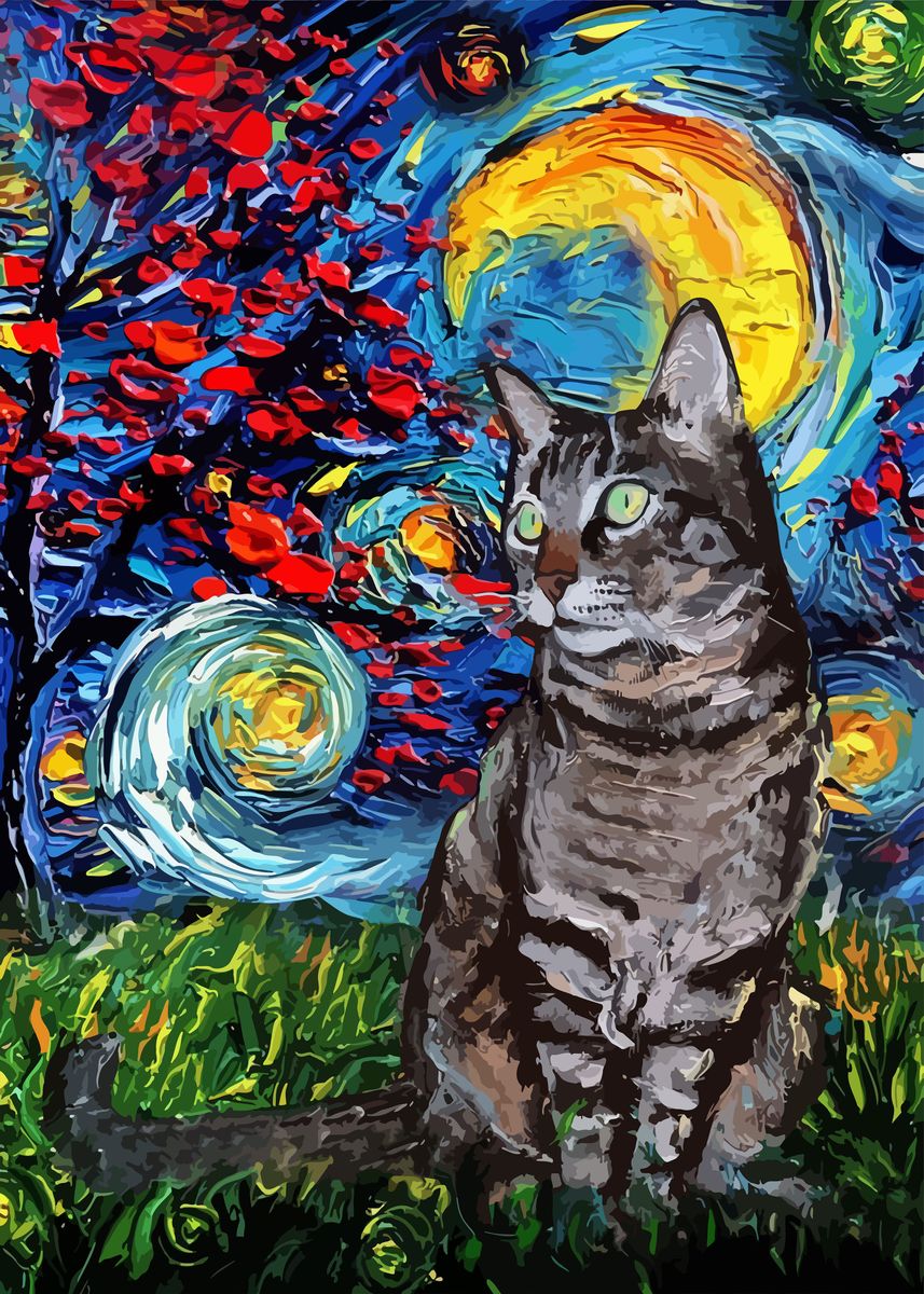 'Cat Starry Night Van Gogh' Poster by Funny Wall Art | Displate