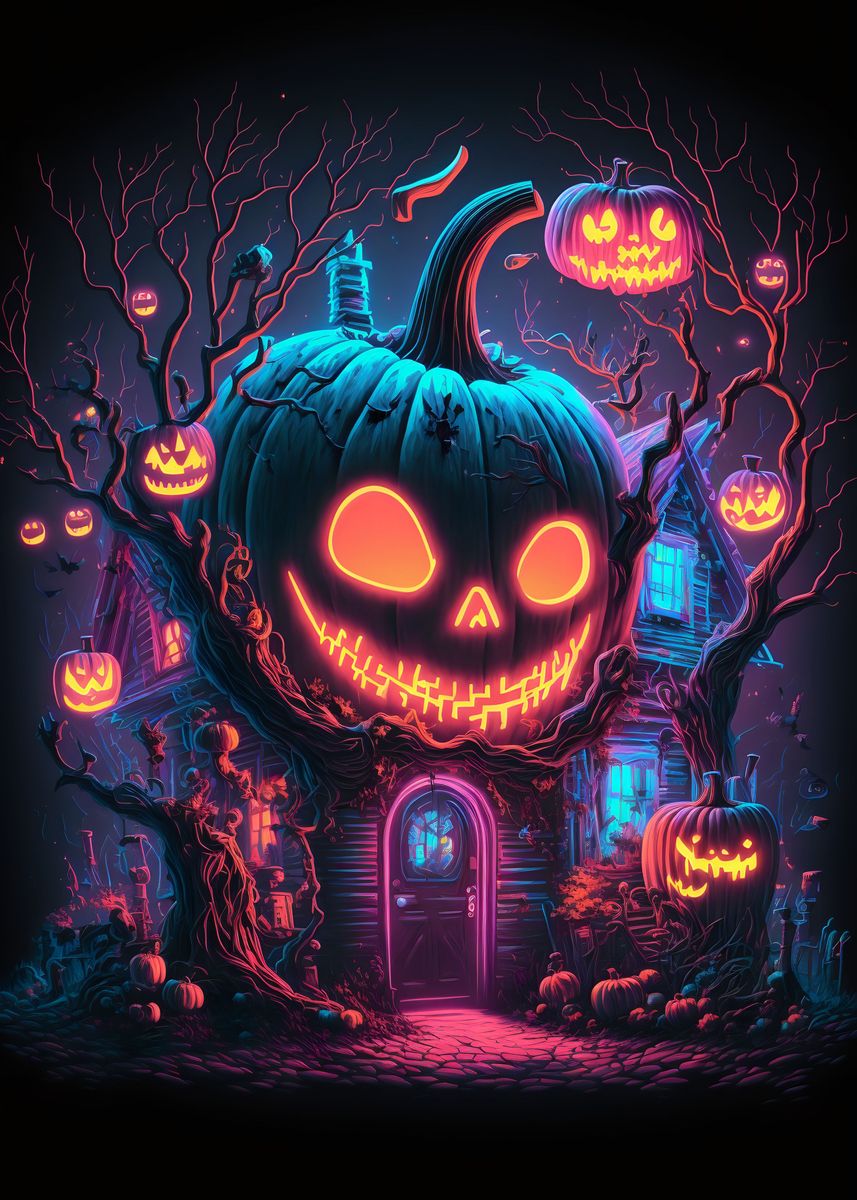 'Halloween Pumpkin House' Poster, picture, metal print, paint by