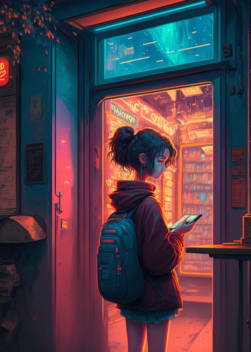 Cyberpunk wallpaper in the style of studio ghibli