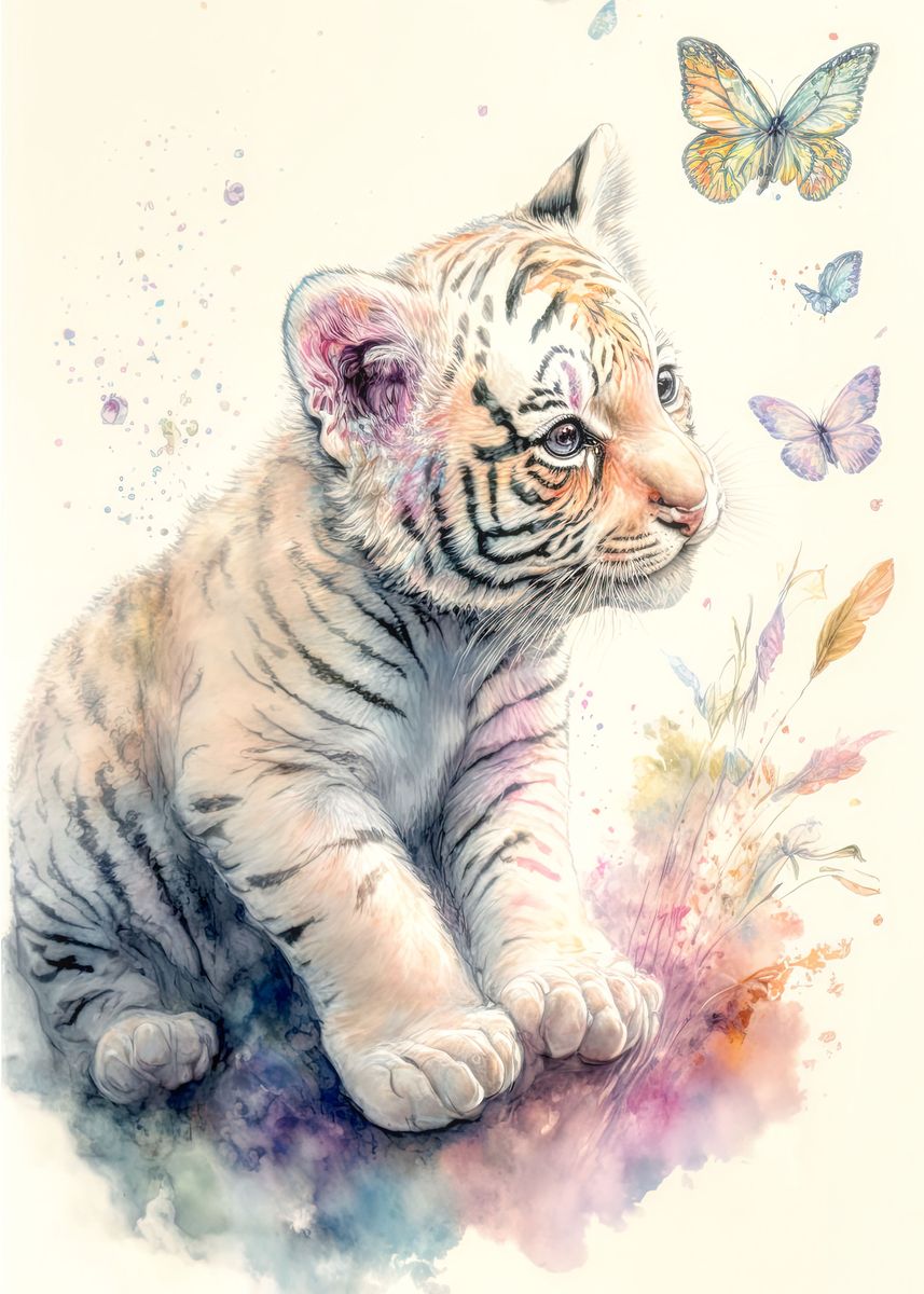 Cute Baby White Tiger Nursery Art