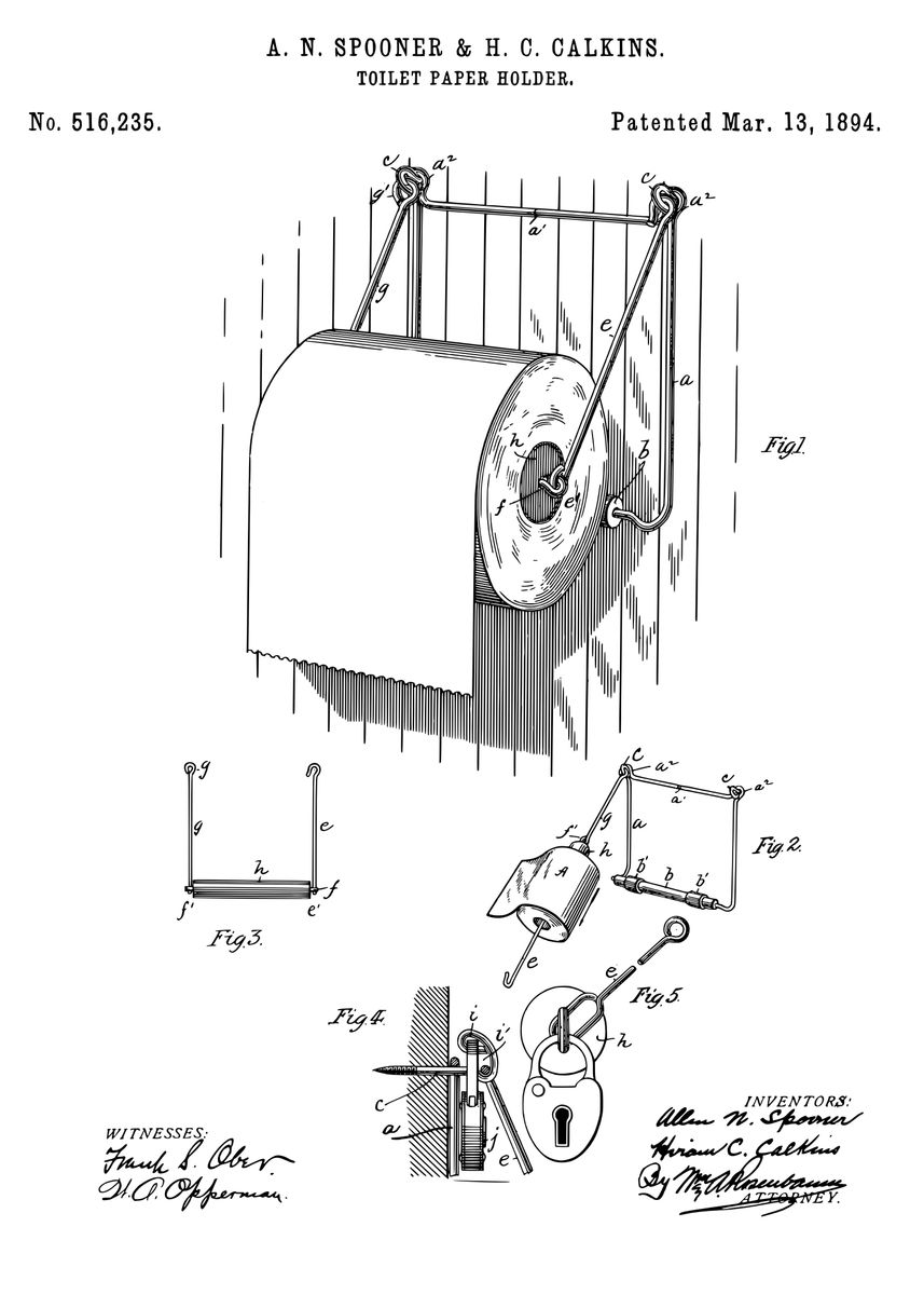 'Toilet paper holder patent' Poster, picture, metal print, paint by