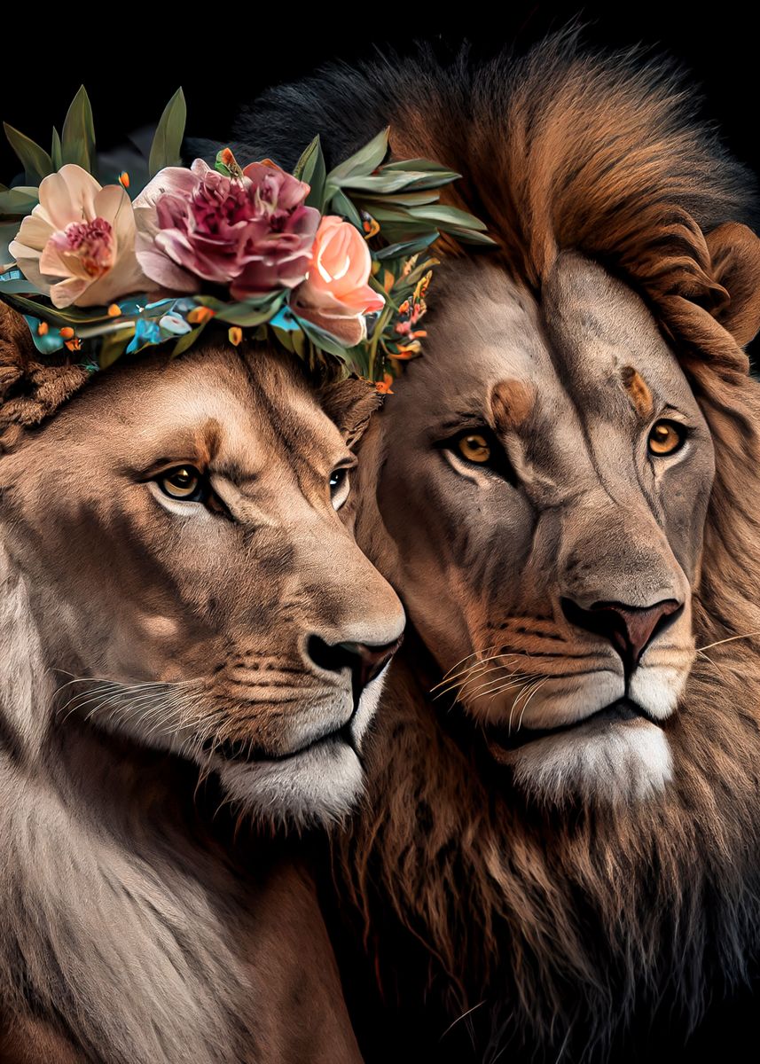 'lion king and queen love ' Poster, picture, metal print, paint by mk