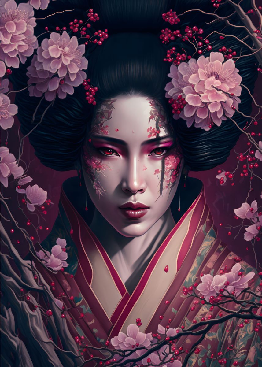 'Geisha cherry blossoms' Poster, picture, metal print, paint by ...