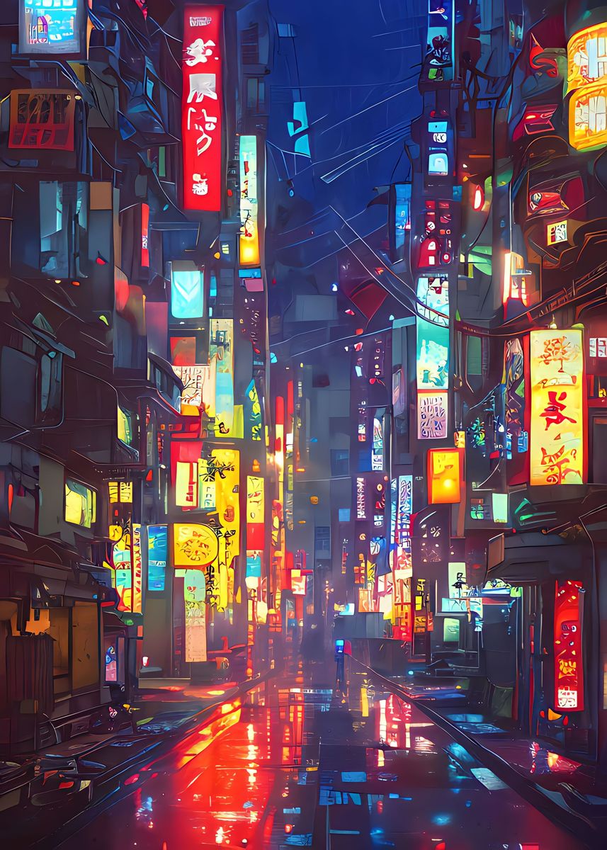 'Tokyo Neon Lights District' Poster, picture, metal print, paint by Alex 