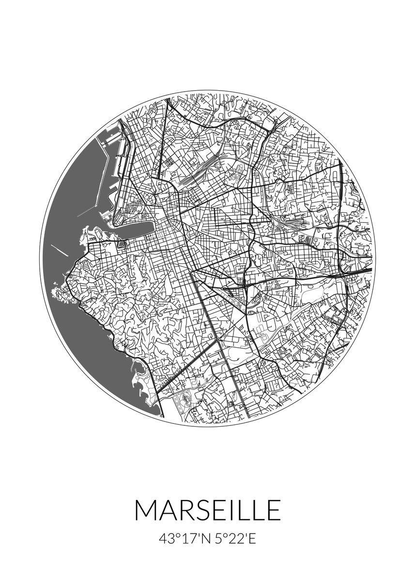 'Marseille City Map White' Poster, picture, metal print, paint by ...