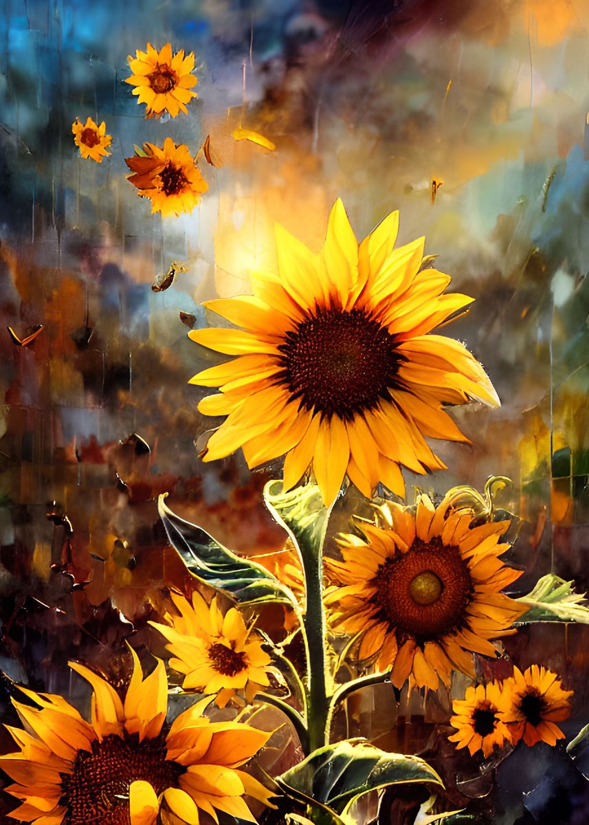 'Sunflowers painted' Poster, picture, metal print, paint by Max Ronn