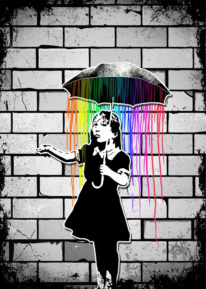 Banksy Umbrella Rainbow Happy Girl | Poster