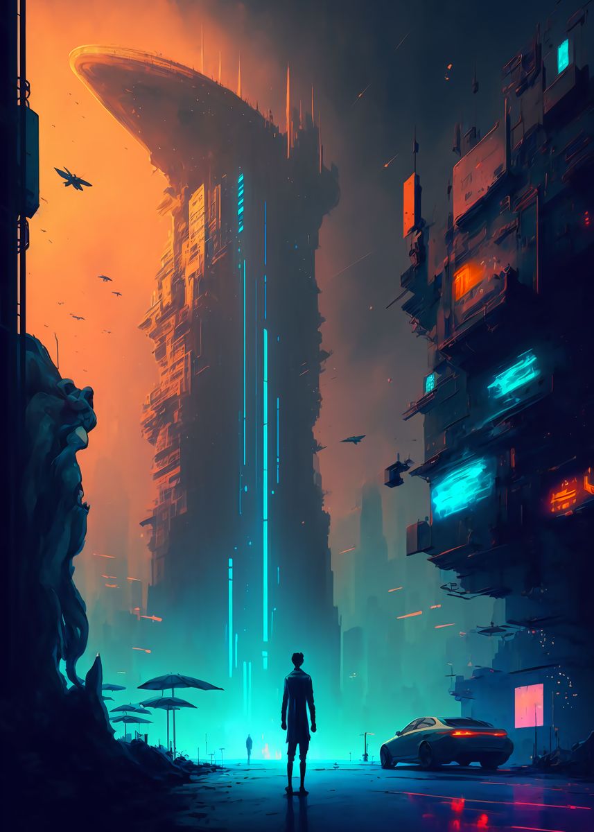 Cyberpunk Girl In Neon World Illustration. Fantastic Future