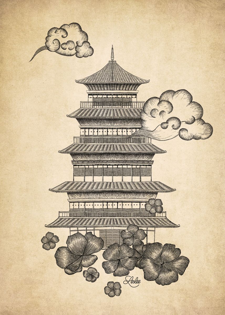 'Japanese shrine' Poster, picture, metal print, paint by leslie croz ...