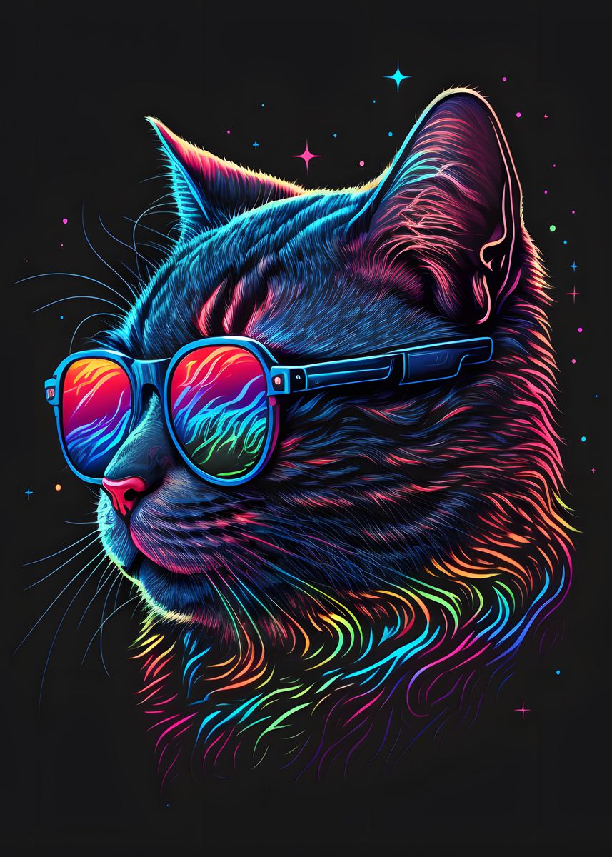 'Retrowave Cat' Poster, picture, metal print, paint by ...