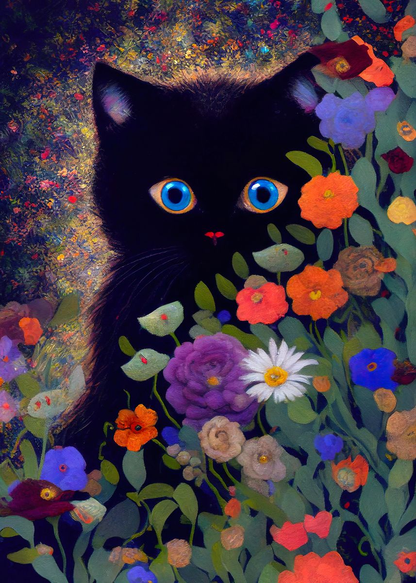 'Black cat in the flowers' Poster, picture, metal print, paint by Cris ...