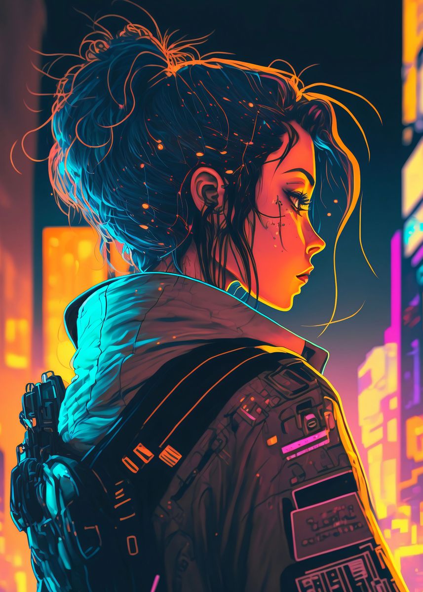 Cyberpunk Girl In Neon World Illustration. Fantastic Future