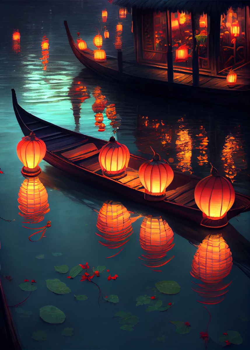 'Floating colored lanterns' Poster, picture, metal print, paint by ...