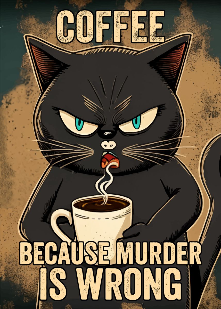 'Black Cat Drinking Coffee' Poster by Nguyen Van Hao | Displate