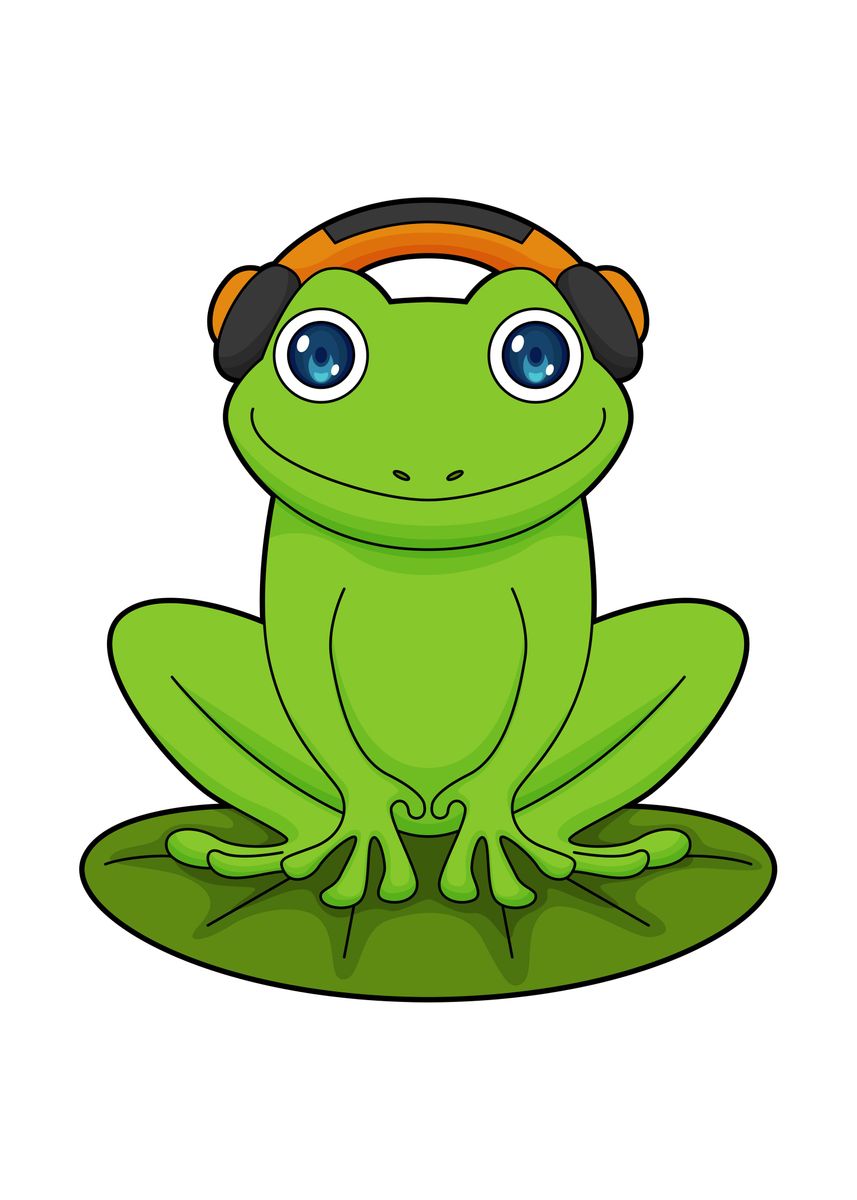 'Frog Headphone Music' Poster, picture, metal print, paint by Markus Schnabel Displate