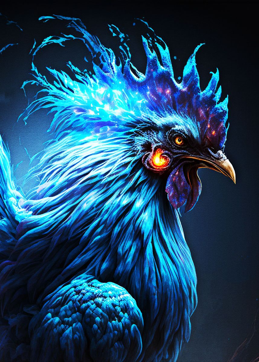 'Blue fire rooster monster' Poster, picture, metal print, paint by Muh ...