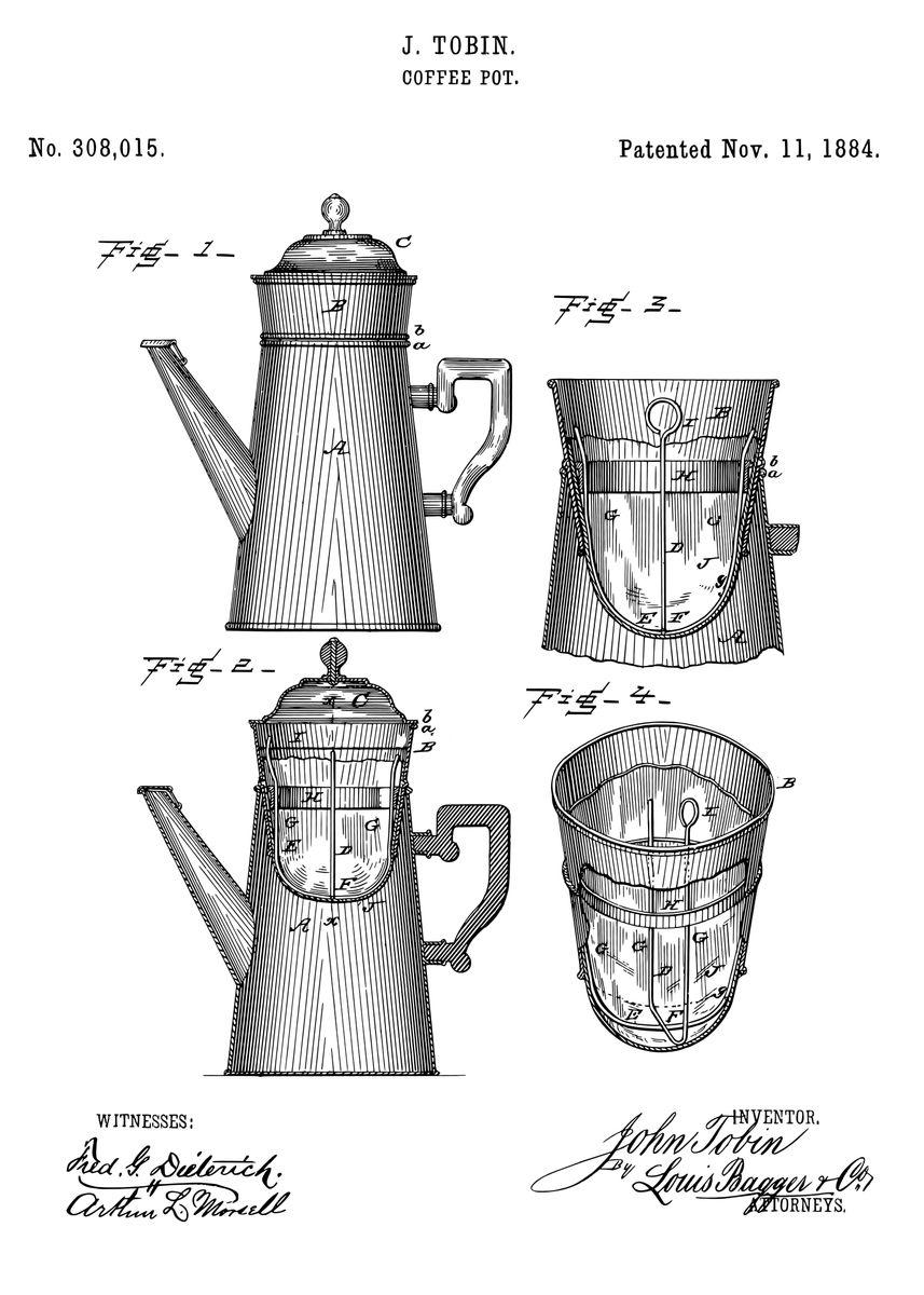 'Coffee pot patent 1884' Poster, picture, metal print, paint by ...