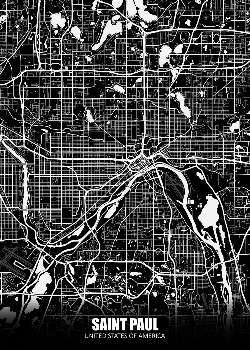 St Paul - Minnesota - Map - B&W - Vintage Print Poster