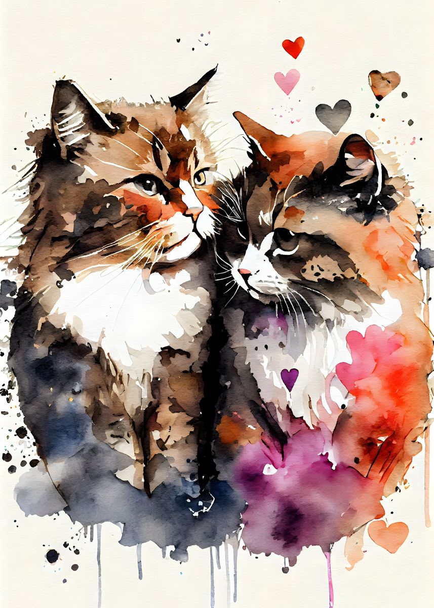 'Romantic Cat Couple' Poster, picture, metal print, paint by Ali Ch ...