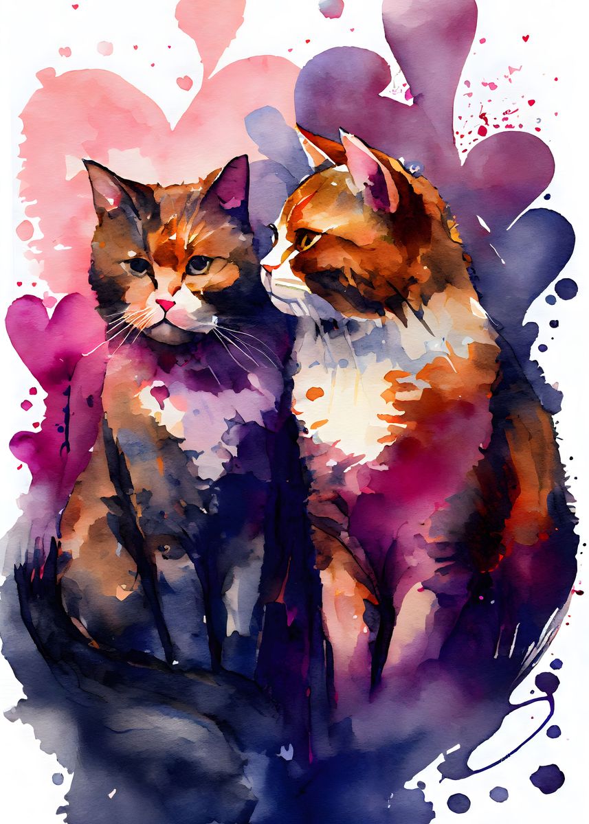 'Romantic Cat Couple' Poster, picture, metal print, paint by Ali Ch ...