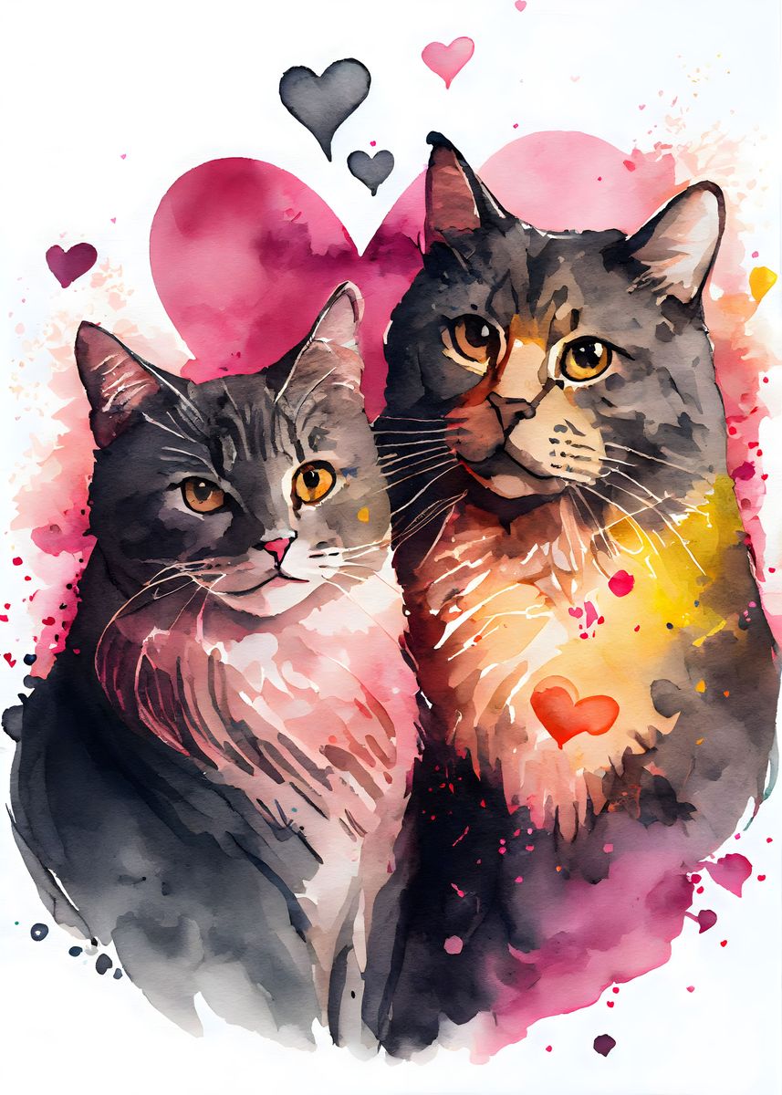 'Romantic Cat Couple' Poster, picture, metal print, paint by Ali Ch ...