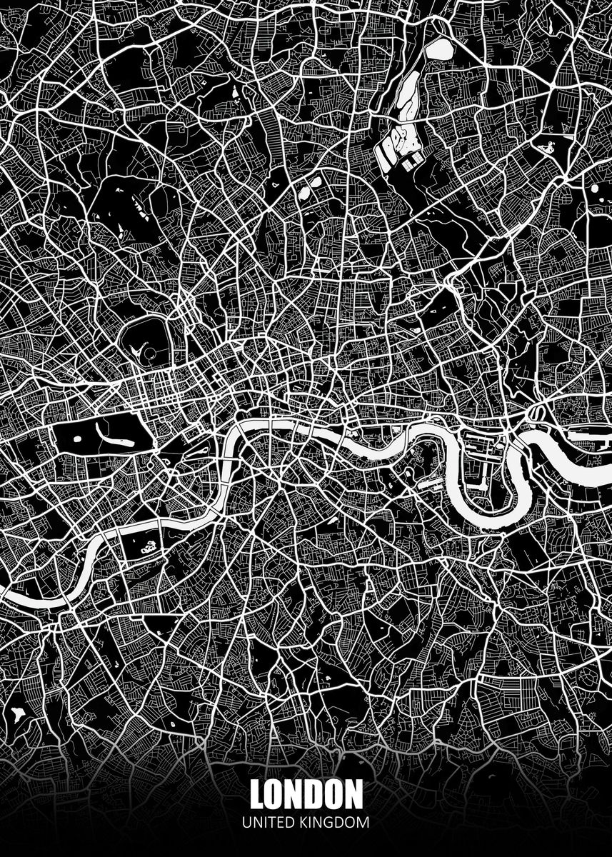 'London UK Dark Map' Poster, picture, metal print, paint by Zake Yonkou ...