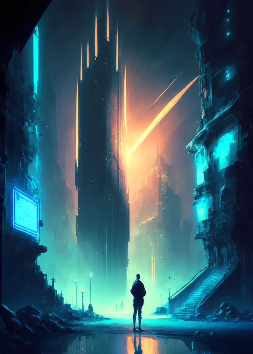 Beautiful Cyberpunk Cityscape, Glitchy Animation style