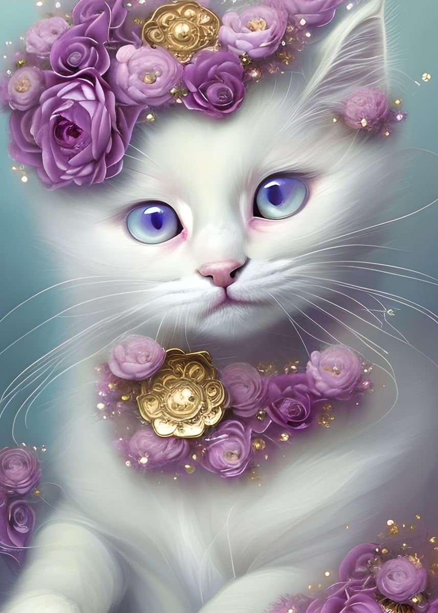 'Floral White Cat Portrait' Poster, picture, metal print, paint by ...