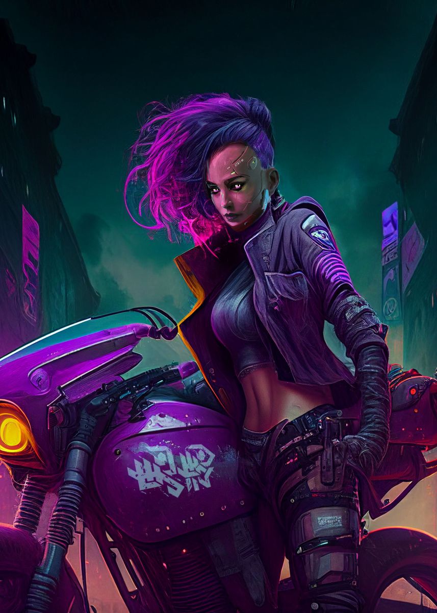 Beautiful Female Cyberpunk Girl on Futuristic Motorbike · Creative