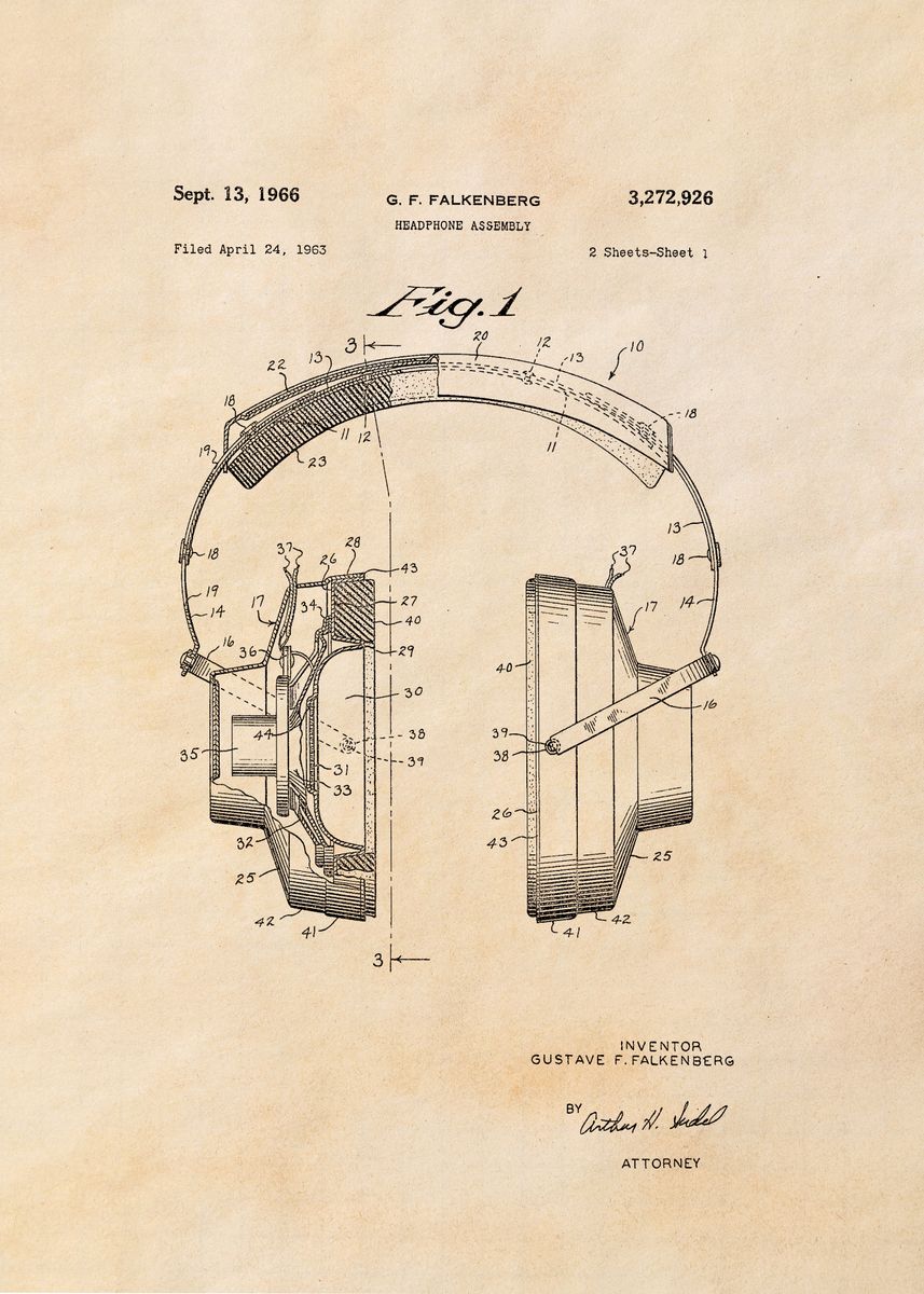 'Retro Headphones Blueprint' Poster, picture, metal print, paint by ...