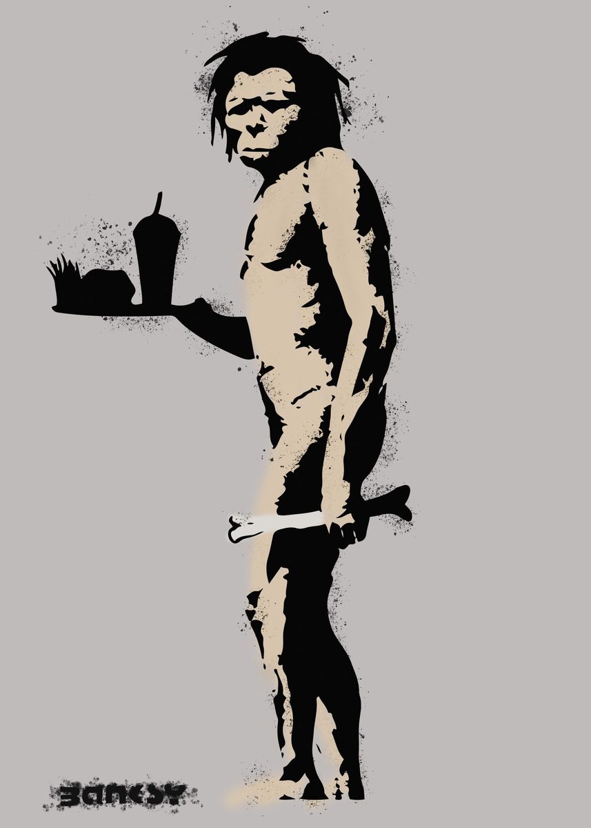 'Banksy Caveman Takeaway' Poster by Arts N Popcorn | Displate