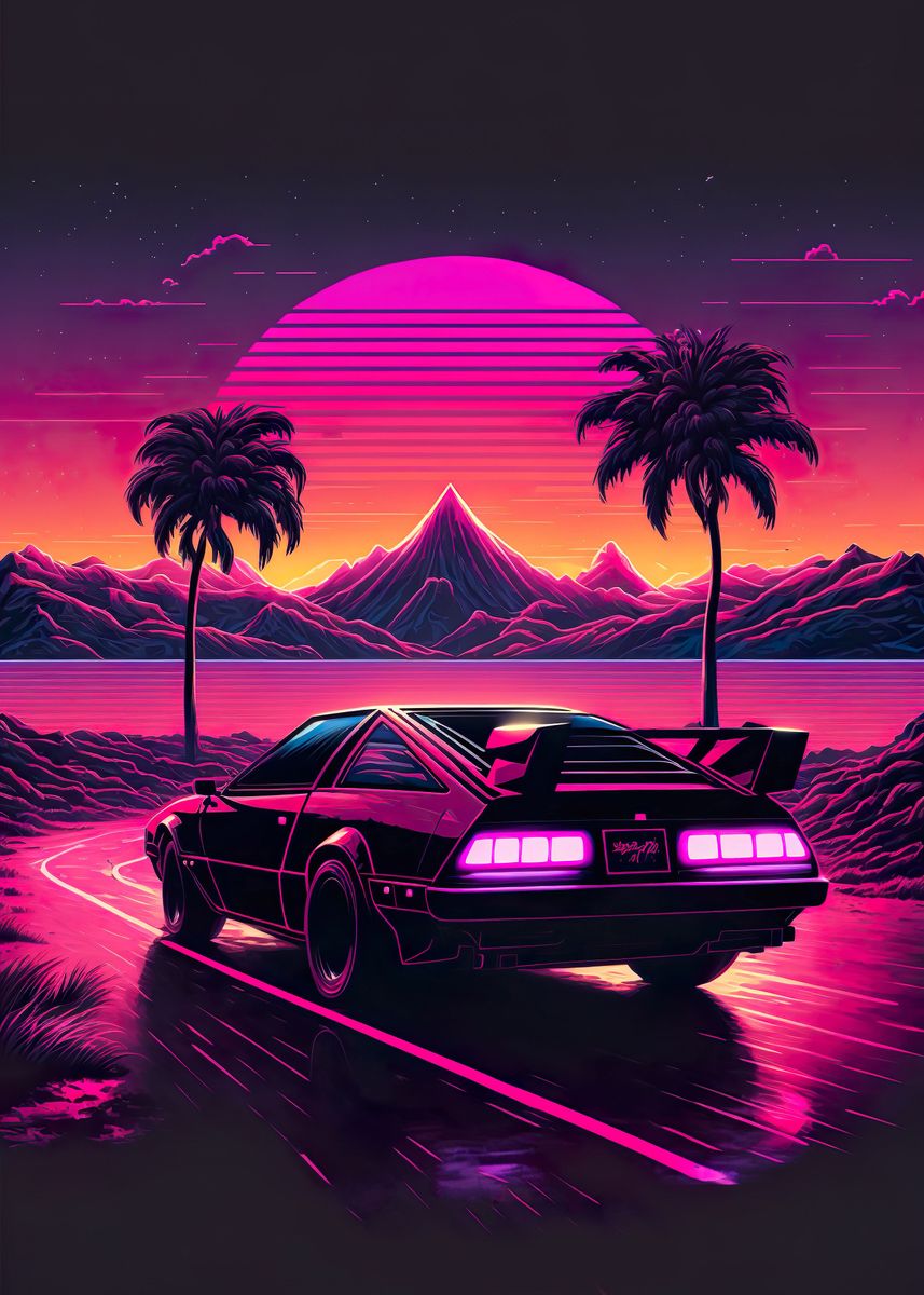 'Synthwave Retro Car Sunset' Poster, picture, metal print, paint by LD ...