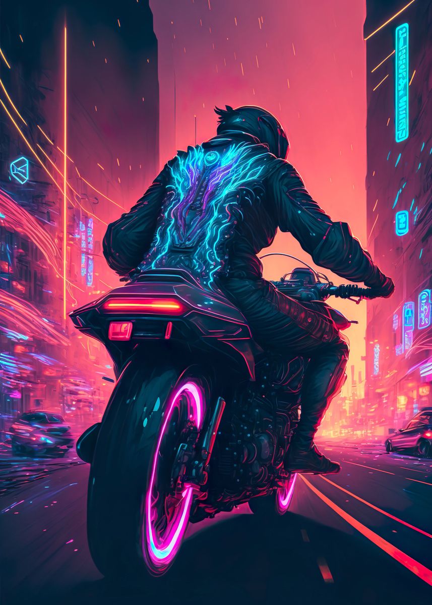 'Cyberpunk Riding Motorbike' Poster, picture, metal print, paint by LD ...