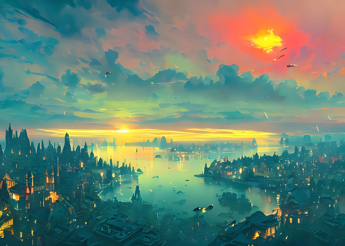 'Dark Green Fantasy City' Poster by Alex Bayu | Displate