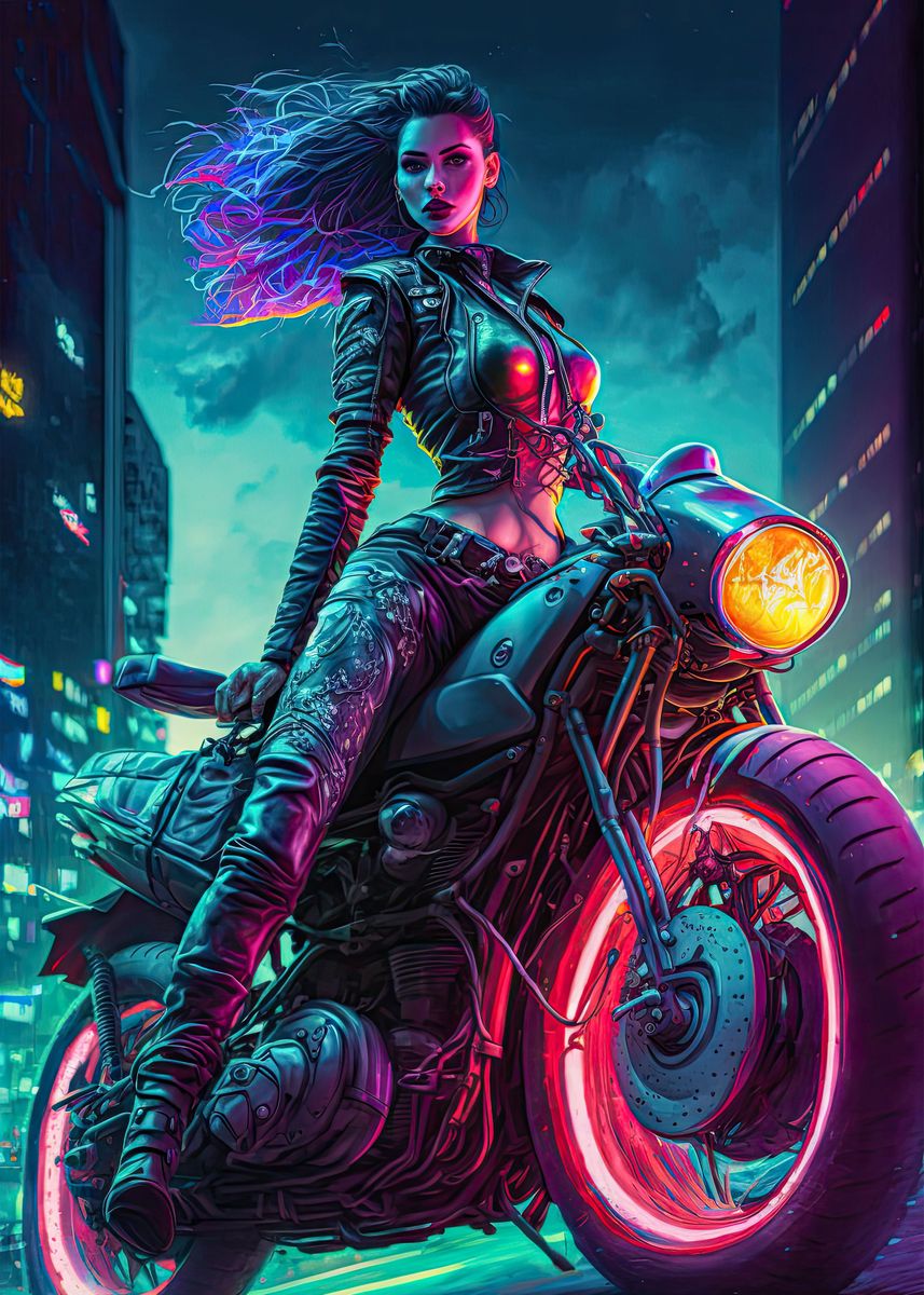 Beautiful Female Cyberpunk Girl on Futuristic Motorbike · Creative