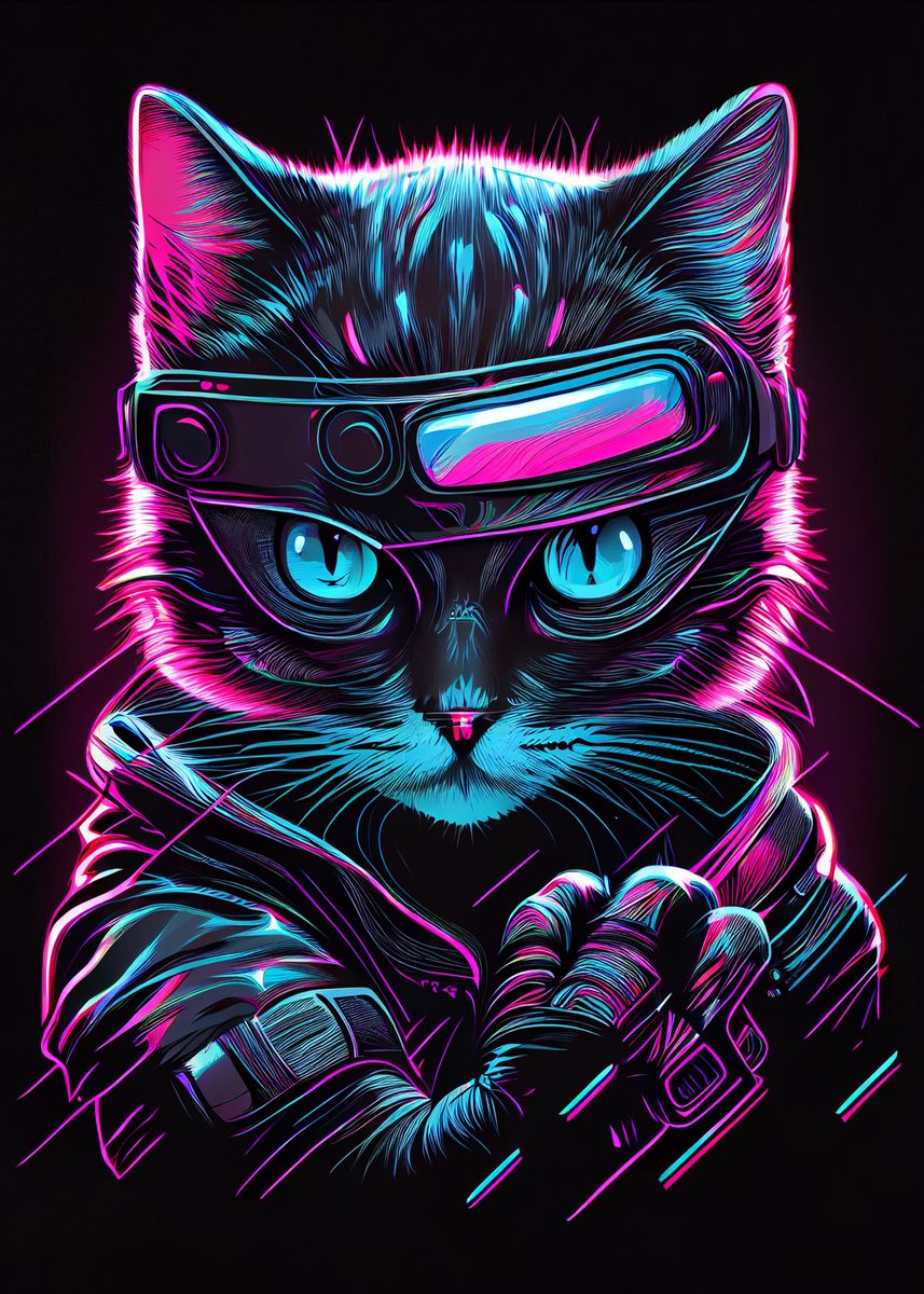 'Chat Synthwave' Poster, picture, metal print, paint by Anawix4X | Displate