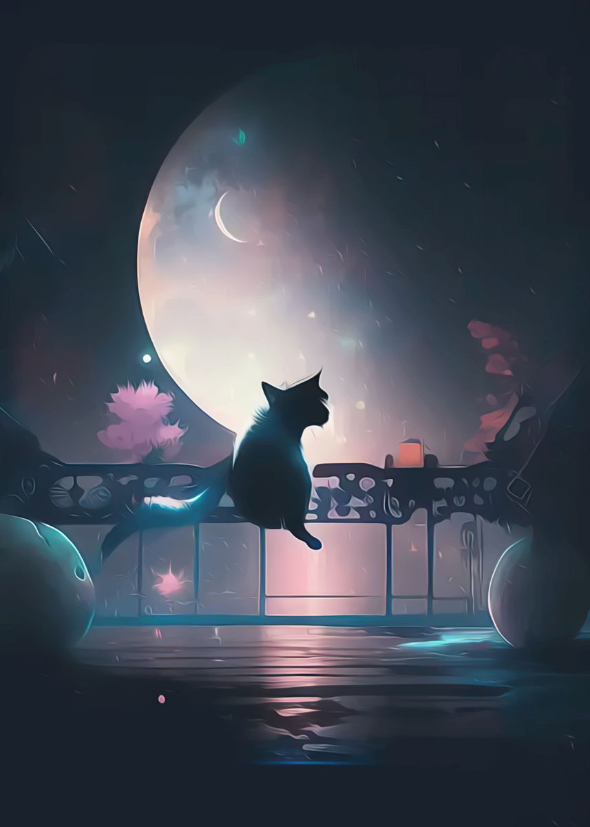 'Cat Moon and Stars Animal' Poster, picture, metal print, paint by ...