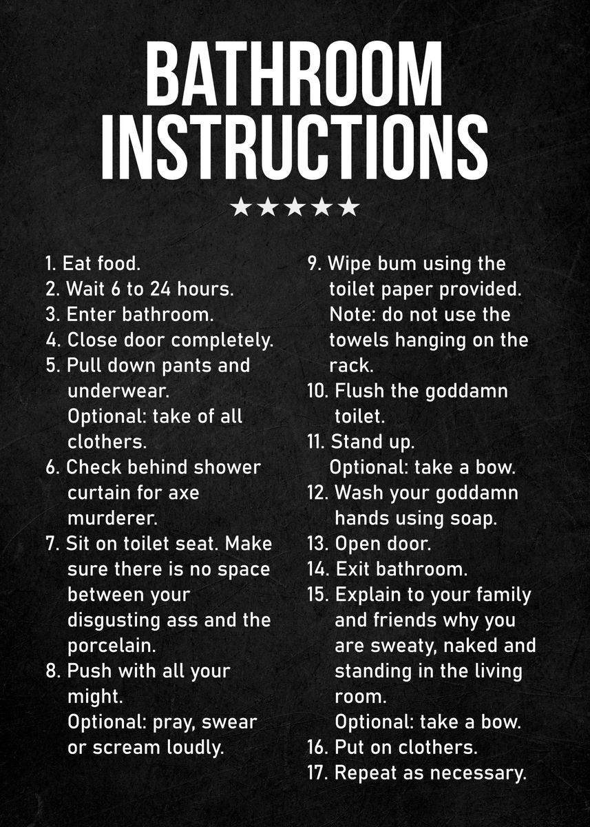 'Bathroom Instructions' Poster, picture, metal print, paint by Wall Art