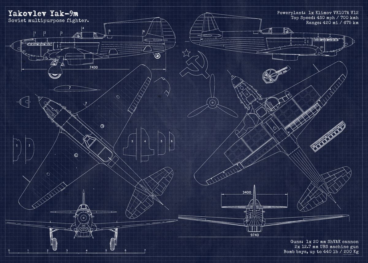 'Yakovlev Yak9m Blueprint' Poster by AirCraft Lover | Displate