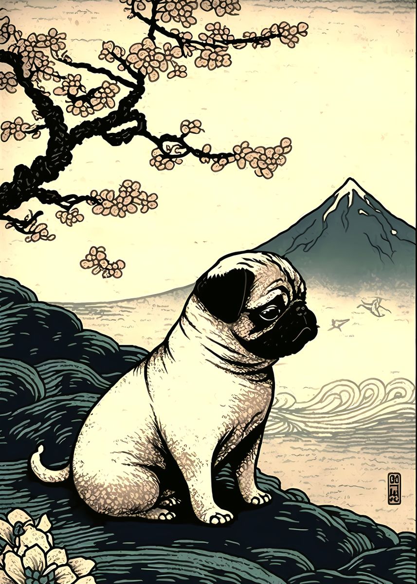 'Pug Ukiyo E' Poster, picture, metal print, paint by LaLou | Displate