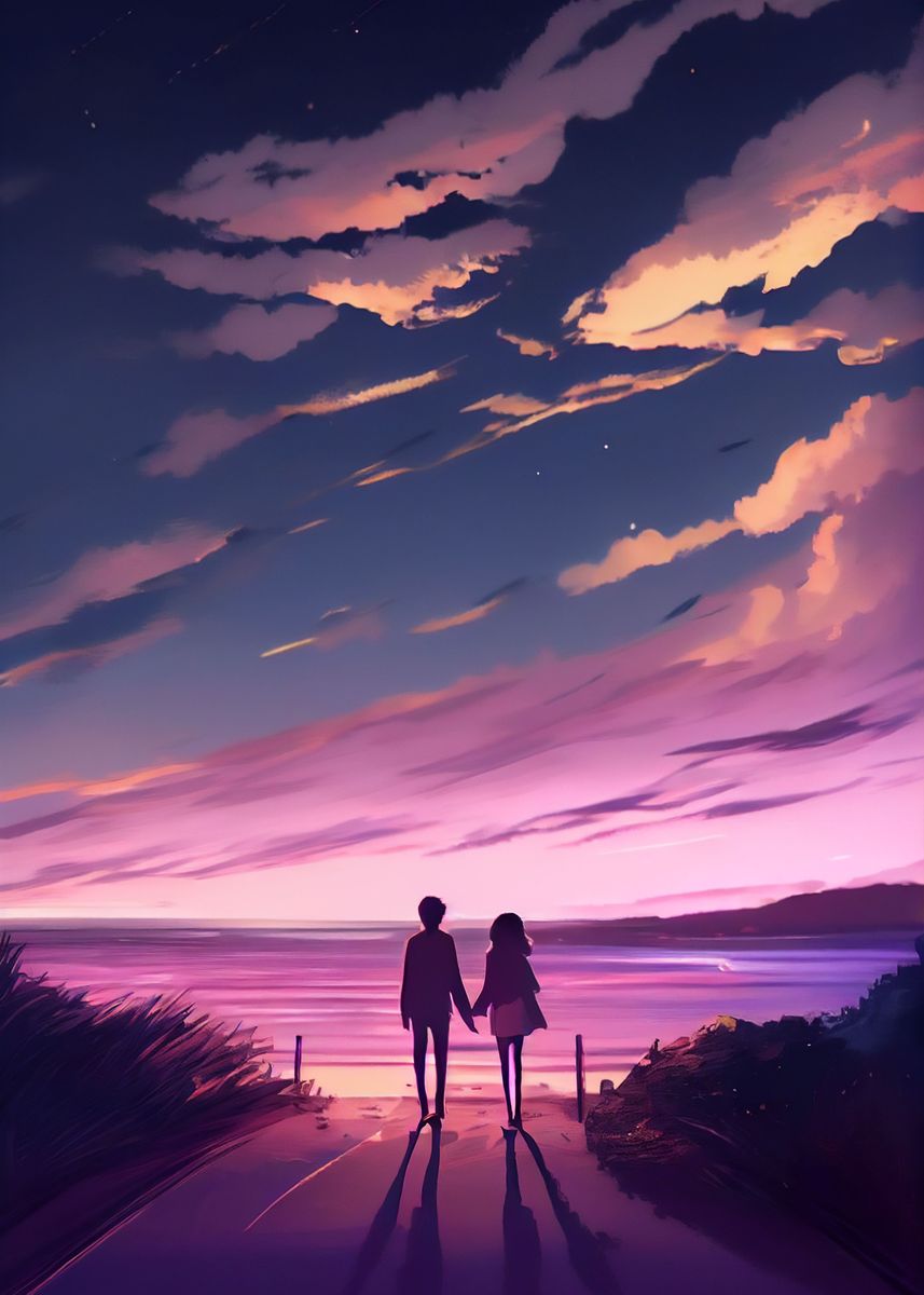 anime couple holding hands and walking