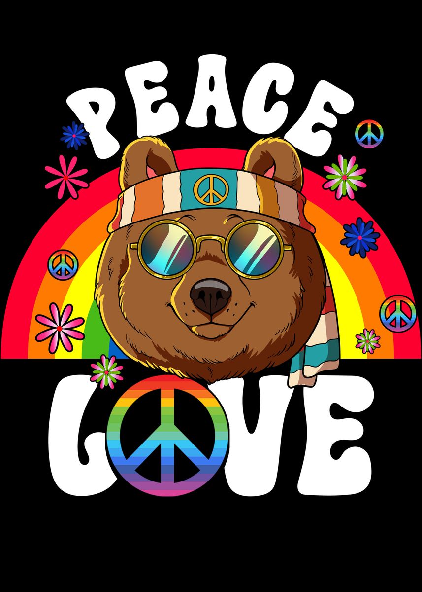 ’60s 70s Hippie Bear’ Poster, picture, metal print, paint by PxL | Displate